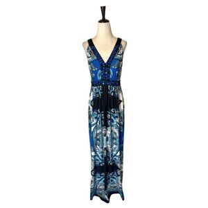 Eci New York Dress Womens 6 Blue And Black Paisley Beaded V Neck‎ Tie Back Maxi